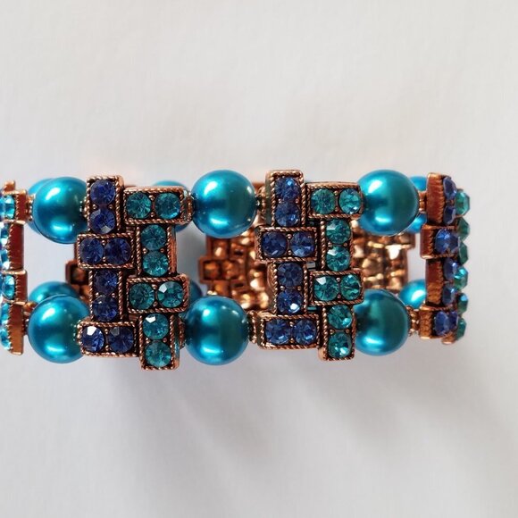 Hand Crafted Pearl/Rhinestone Bracelet & Drop Earrings Cerulean Blue-Royal Blue - Picture 7 of 11